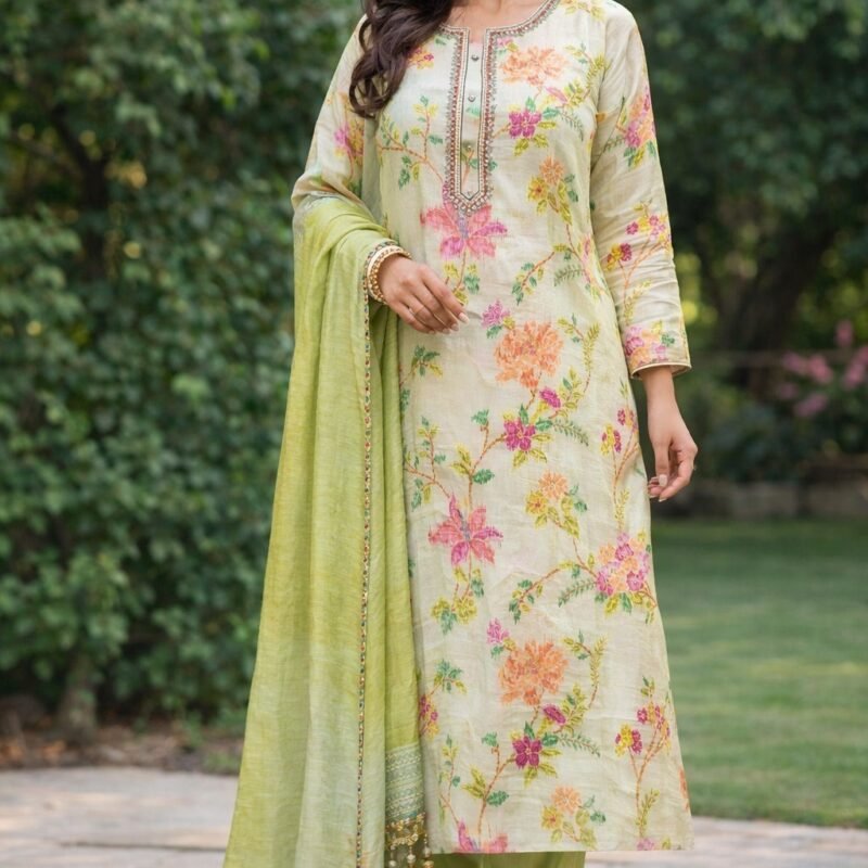 Printed silk suits material with highlighted neck with mirror  and printed dupatta