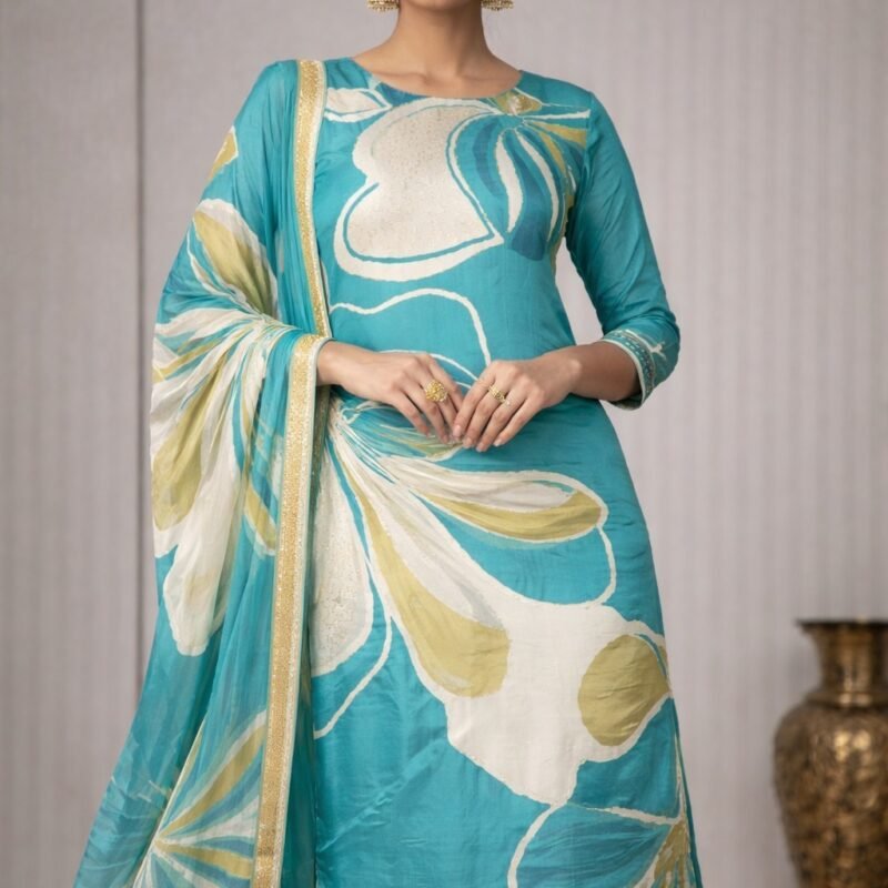 Printed crepe silk suits material with highlighted zari Work and printed chinon dupatta