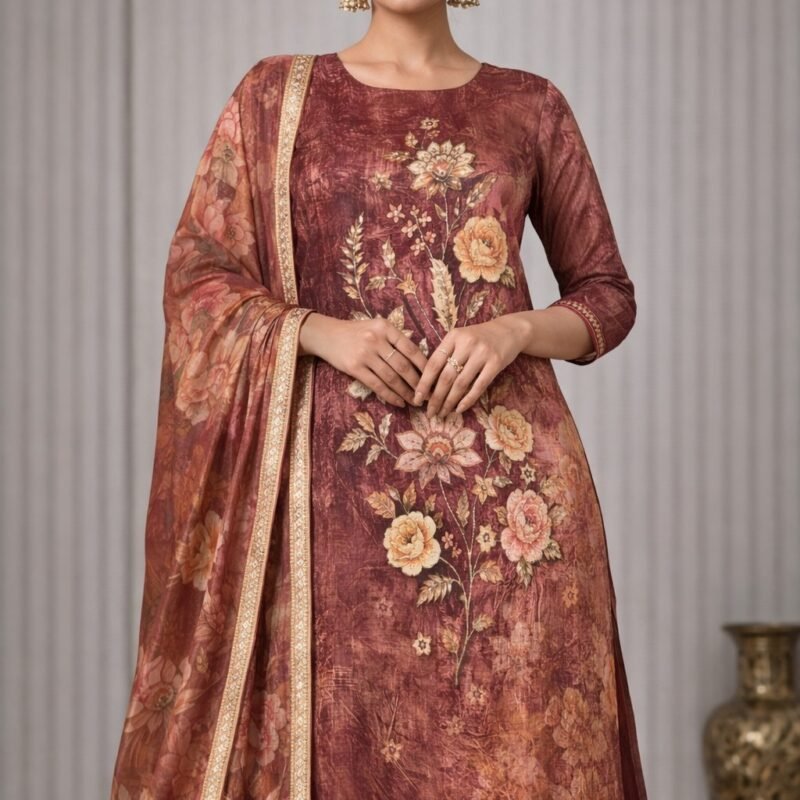 Crepe silk suit material with sequins work at daman and chiffon dupatta with stone works allover.