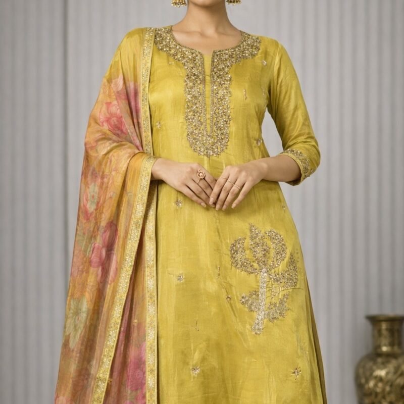 Crepe silk suit material with sequins work at neck and daman and printed chiffon dupatta with four side sequins border .