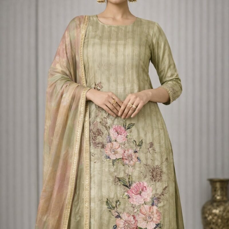 Printed crepe silk suits material with highlighted stone works at daman and border, with printed chiffon dupatta stones allover